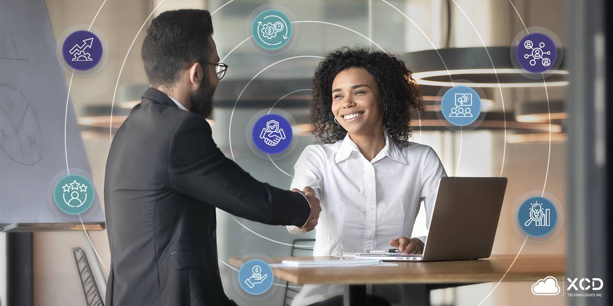 Smiling professionals shaking hands in a modern office with a collaborative atmosphere, surrounded by icons representing member retention strategies.