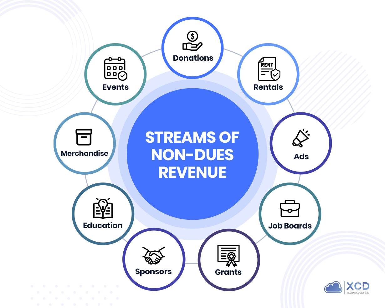 Infographic listing different revenue streams, including donations, rentals, ads, job boards, grants, sponsors, education, merchandise, and events.