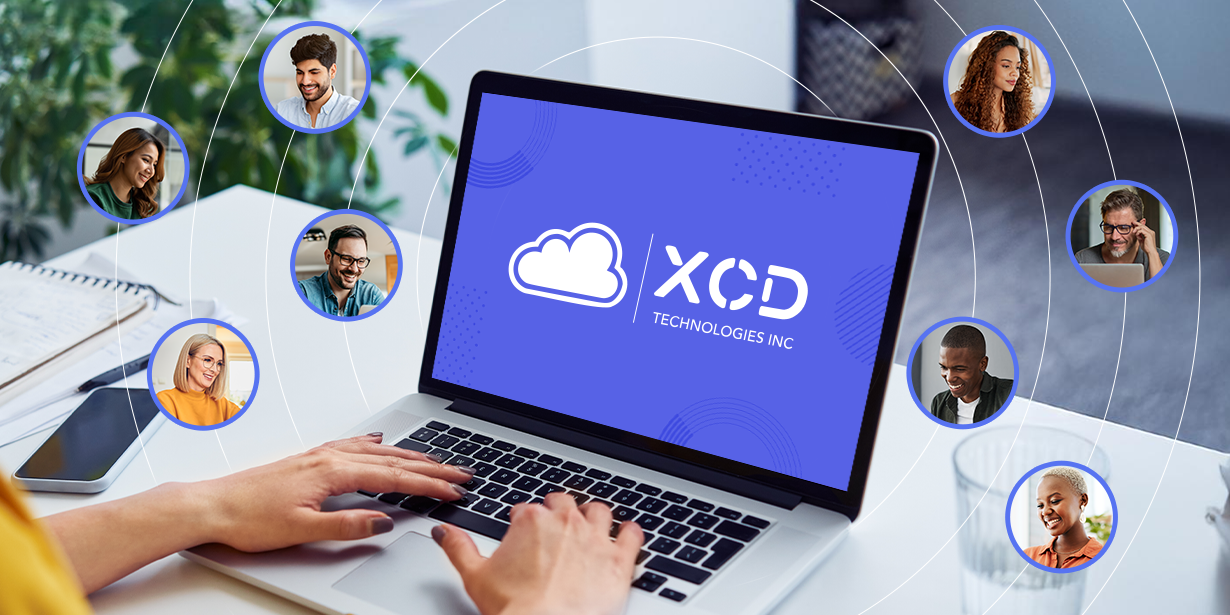 Laptop displaying X-CD Technologies Inc logo, surrounded by profile images of people connected by white lines, symbolizing a digital network or community.